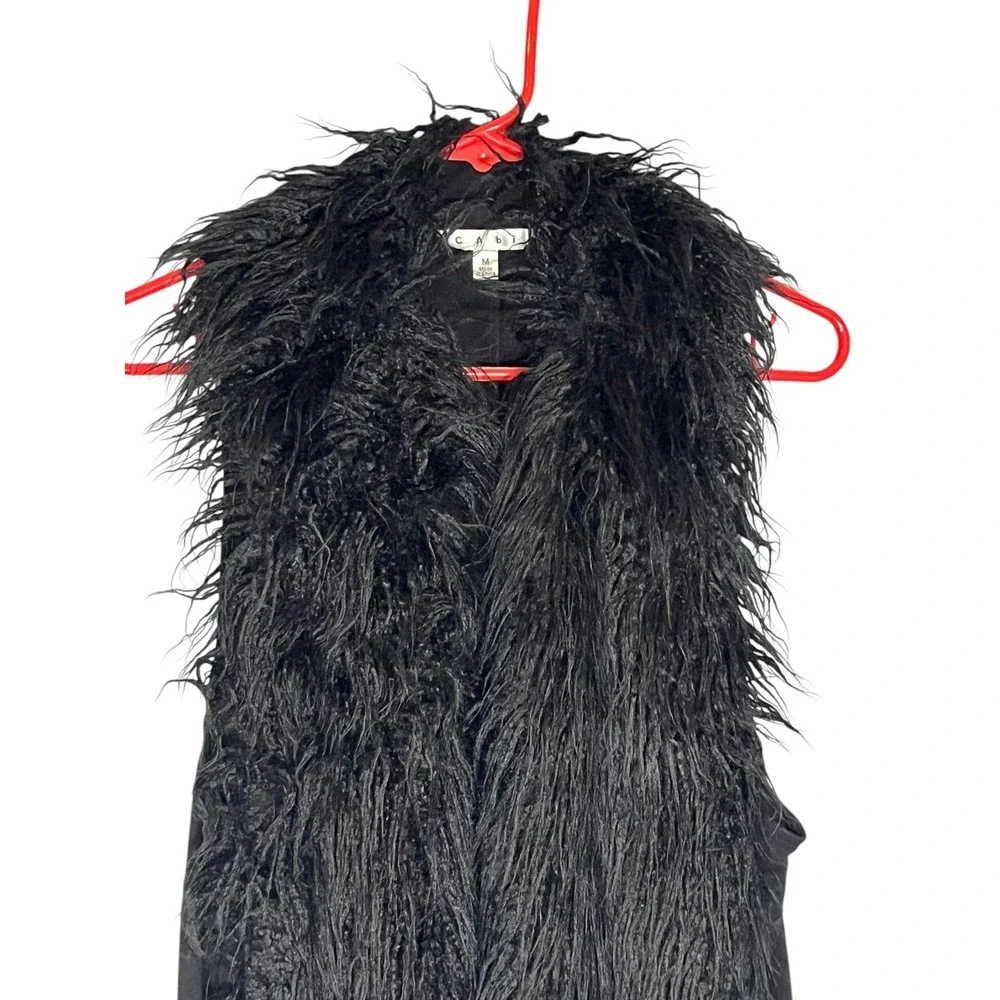 CAbi Women's Black‎ Fuzzy Front Faux Fur Vest M Asymmetrical